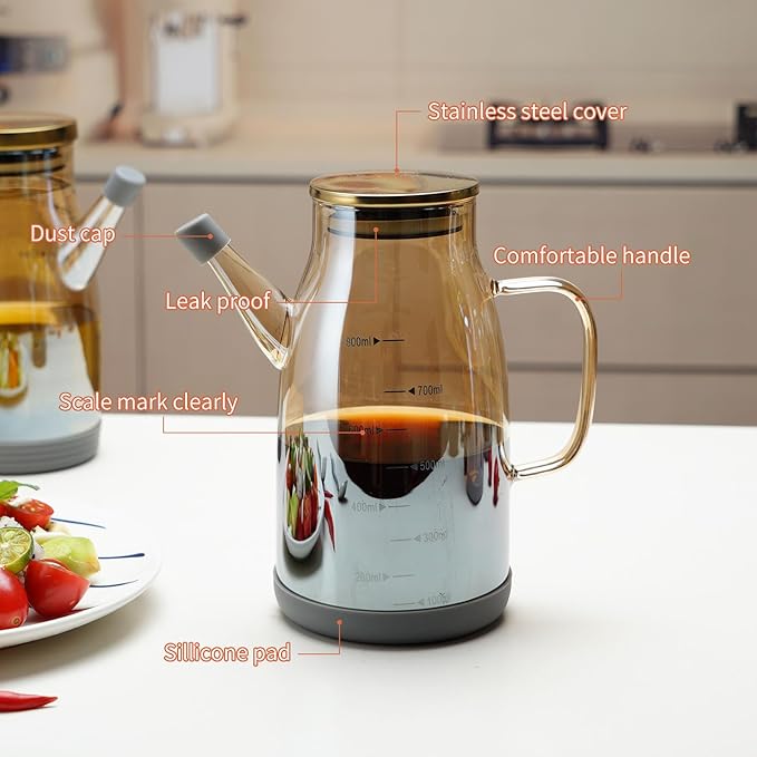 Large Glass Oil Dispenser Bottle for Kitchen Cooking Recipiente Para Aceite De Cocina Olive Oil Vinegar Dispenser Cruet Stainless Steel Lid No Drip Liquid Container (Champagne, 34oz /1000ml)
