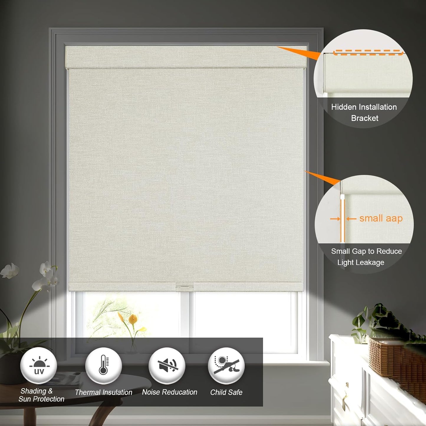Persilux Blackout Shades for Windows Cordless Roller Blinds, Roller Windows Shades for Home with Fabric Attached Valance, UV Protections Easy Installation for Door/Office, Limestone(13" W x 64" H)