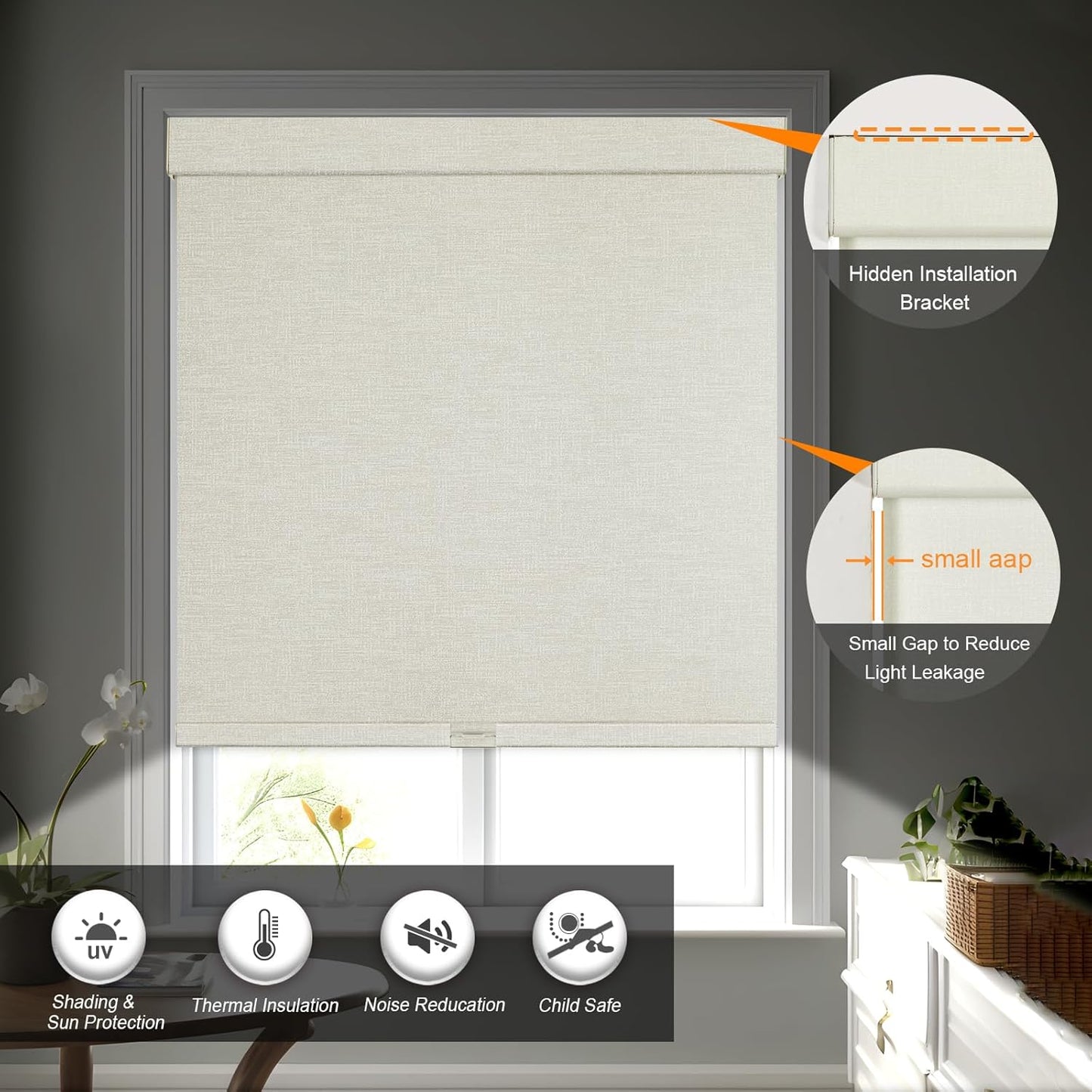 Persilux Blackout Shades for Windows Cordless Roller Blinds, Roller Windows Shades for Home with Fabric Attached Valance, UV Protections Easy Installation for Door/Office, Limestone(26.5" W x 84" H)