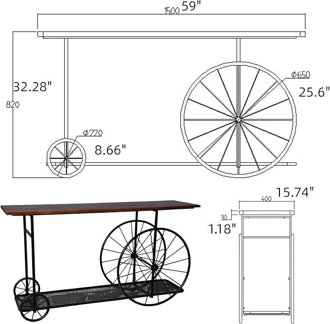 Topower Industrial Style Double Layer Iron Cart Wooden Desktop Center Table, Farmhouse Coffee Table with Wheels for Living Room, Entryway, Coffee Shop, Black