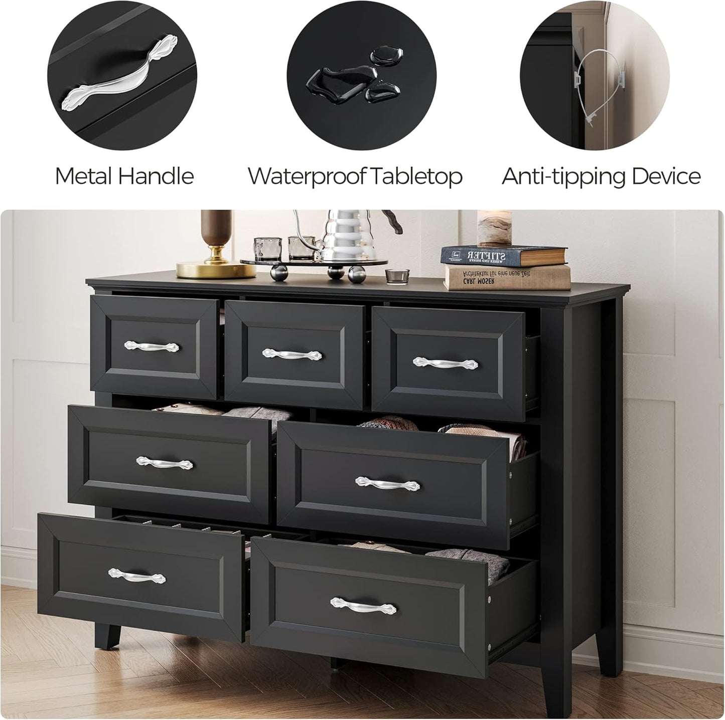 LINSY HOME Farmhouse 7 Drawers Dresser Chests for Bedroom, Wood Dresser Wide Chest of Drawers, Storage Dressers Organizer for Bedroom, Living Room,Hallway, SGS Certified