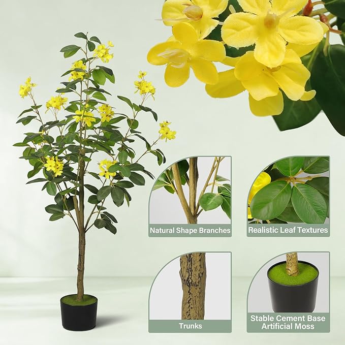 2-Pack 4FT Artificial Jasmine Tree,Realistic Potted Fake Plants with Flowers&Planter,Indoor/Outdoor Faux Flowering Trees for Home,Office,Porch,Wedding,and Housewarming Gift Decor