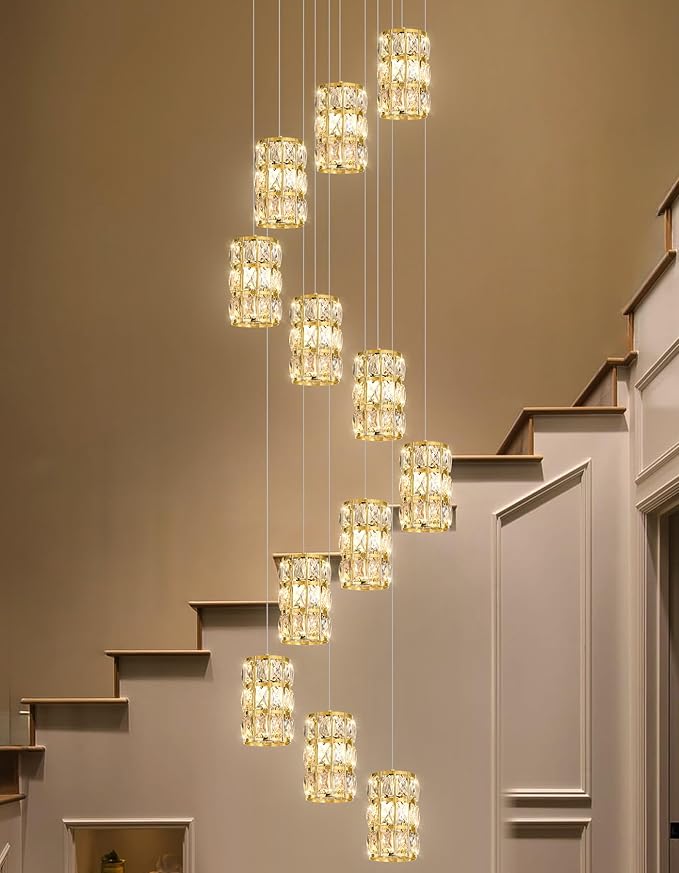 12-Lights Modern Crystal LED Dimmable for Staircase Foyer High Ceiling Chandeliers Hallway Gold