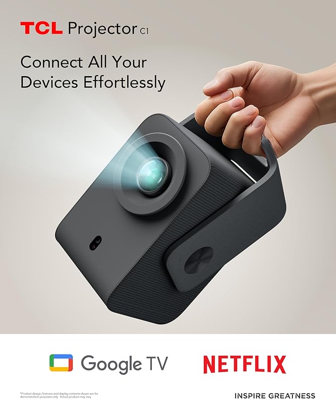 TCL C1 Smart Projector 4K Support, Google TV & Netflix Officially Licensed, WIFI and Bluetooth, Auto Focus Keystone, Native 1080p, Dolby Audio, 285° Portable Mini Projector for Home Theater