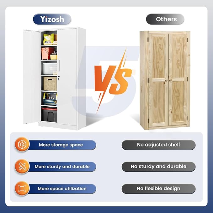 Yizosh Metal Storage Cabinet with Locking Doors and 5 Adjustable Shelves,- 72" Garage Storage White Steel Lockable File Cabinet for Office,Home,Garage