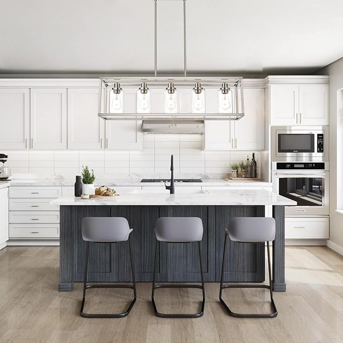 MELUCEE 5-Light Dining Room Lighting Fixture Hanging Brushed Nickel Modern Pendant Lighting Contemporary Chandeliers with Clear Glass Shade for Kitchen Island Living Room Bedroom