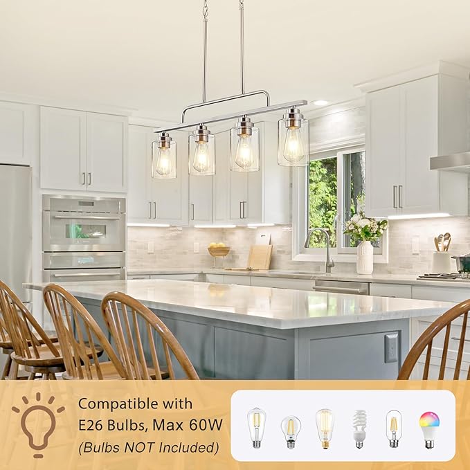 Dining Room Light Fixture - Brushed Nickel 4-Light Farmhouse Chandelier Kitchen Island Lights Fixtures Modern Linear Silvery Chandeliers Hanging Pendant Lighting Over Table