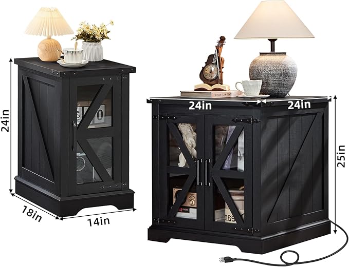 End Tables Living Room Set 2, 18'' Night Stand and 24" Square Side Table with Charger Station, Wood Furniture Sets, Nightstand Bedside End Table for Bedroom