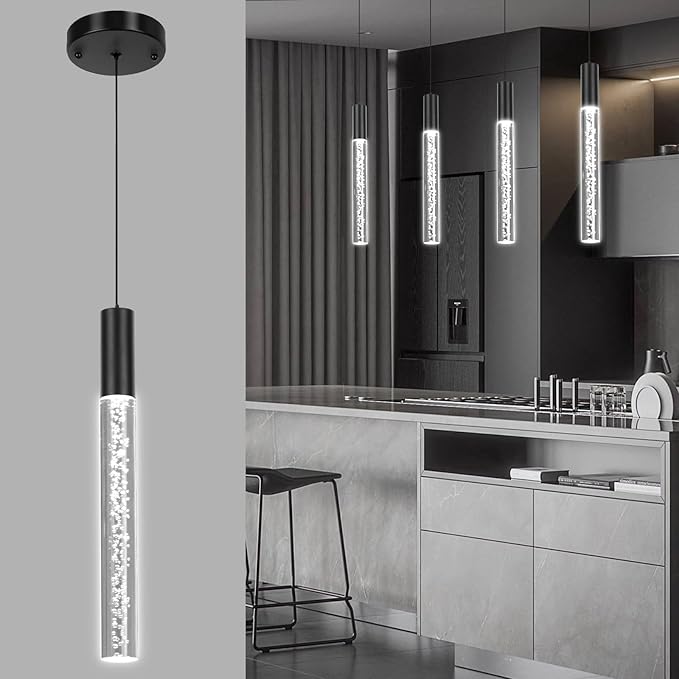 Modern Black Pendant Light Fixture 3-Color for Kitchen Island, 1-Light LED Acrylic Pendant Lighting Cord Adjustable Ceiling Hanging Lights for Living Room Bedroom Dining Room