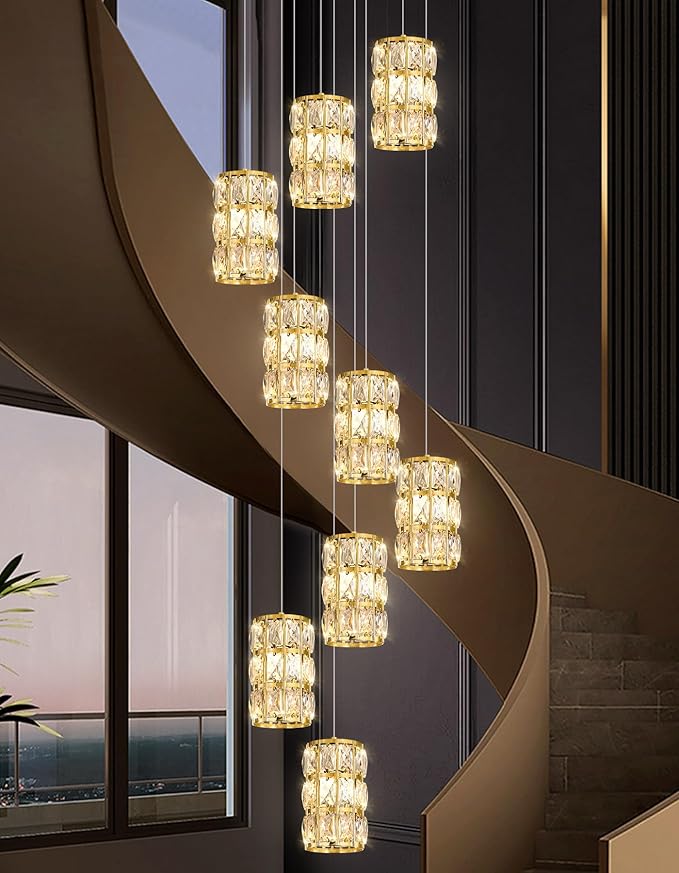 9-Lights Modern Crystal LED Dimmable for Staircase Foyer High Ceiling Chandeliers Hallway Gold
