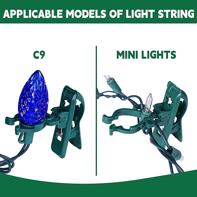 Dazzle Bright C7 C9 Christmas Lights Spring Clips, 50 Pack Universal Holiday Lights Quick Spring Clips, E12, E17 Shatterproof Weatherproof Clips for Outdoor Shingle Gutter Roof Fence