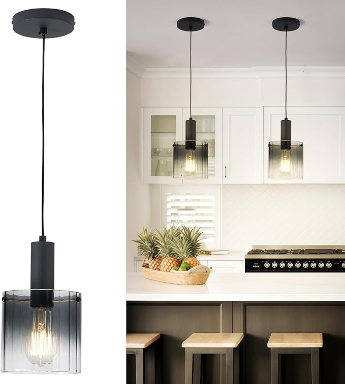 Black Pendant Lighting for Kitchen Island - Pendant Light Fixtures with Gradient Color Glass for Kitchen Sink Dining Room Bedroom, H3959-1-SMBK
