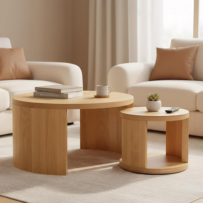 Round Coffee Table Set of 2, Nesting Coffee Tables with Storage,Living Room Table Set,Modern Wood Center Table for Living Room,Apartment,31.5" & 18" Coffee Table Set,Brown