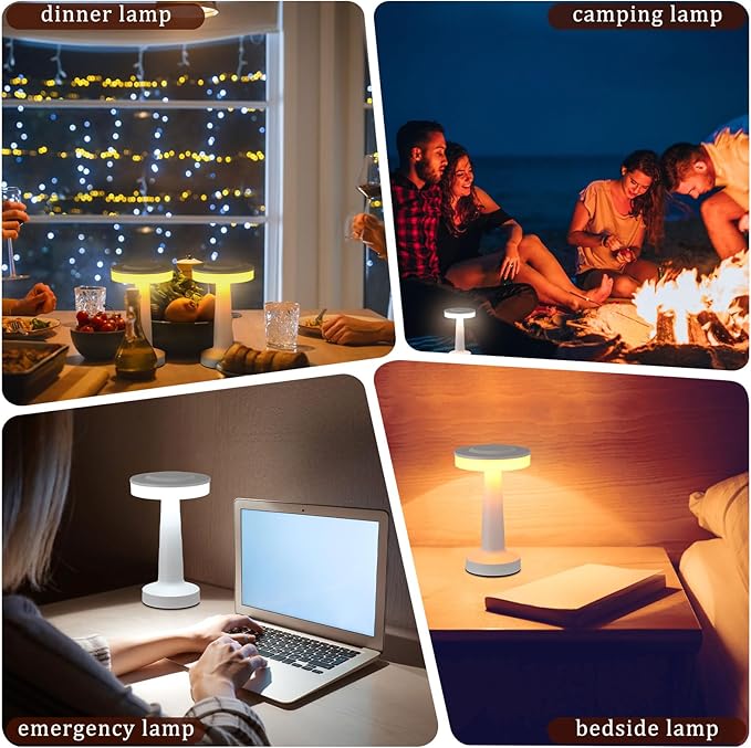 Riakrum 4 Pcs LED Portable Cordless Table Lamp with Touch Sensor 3 Color Stepless Dimming Rechargeable Battery up to 15 Hours Cordless Table Light Wireless Lamp for Nursery (White)