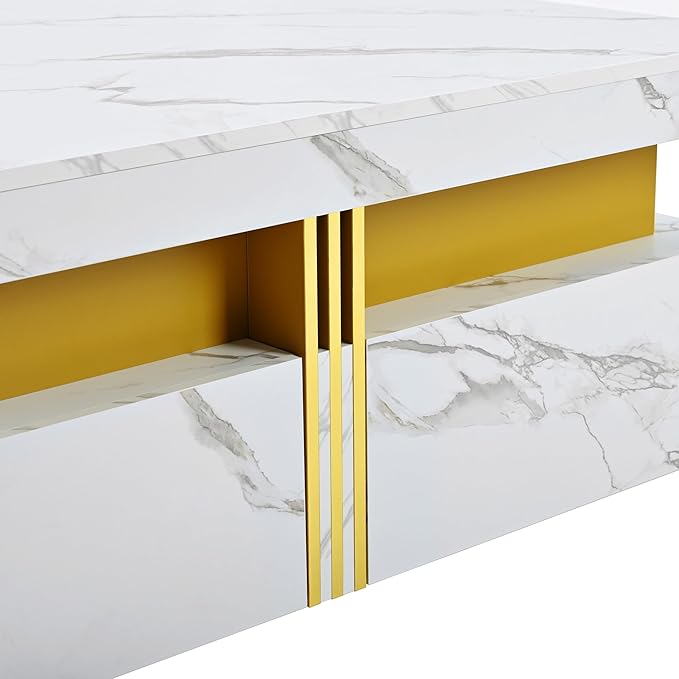 Merax 43.3" Modern Square Storage Coffee Table with 4 Drawers, with Marbling Gold Accents, Functional Center Tables for Living Room Apartment, White