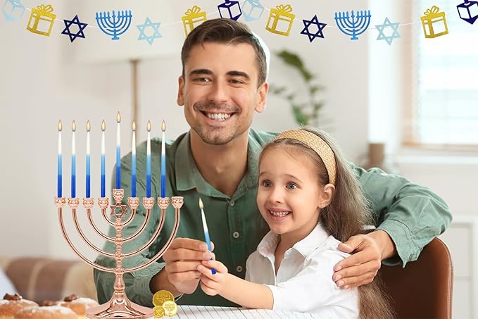 The Dreidel Company 2-Pack Premium Tapered Hanukkah Menorah Candles 1-Hour Burn Time Tri Color,Blue, and White, Candles for All 8 Nights of Chanukah