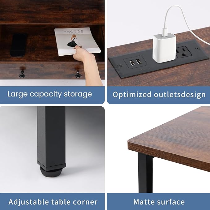 3 Wooden Drawers Night Stand, 27 Inch Wide Nightstand with Charging Station and Adjustable Drawers, Small Dresser for Closet, Bedside Table for Living Room/Bedroom/Office, Retro Brown.