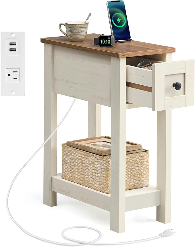 VASAGLE Farmhouse End Table with Storage Drawer, Narrow Side Table with Charging Station, Nightstand, Easy Assembly, for Living Room, Bedroom, Honey Brown and Rustic White ULET328W01