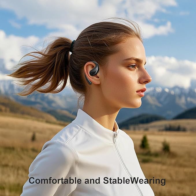 Open Ear Clip Wireless Earbuds Bone Conduction Headphones, Bluetooth 5.4,Open Ear Design,Built-in Mic, IPX5 Waterproof,LED Display Charging Case,Ear Hooks Ear Buds Design for Running Fitness ,Black