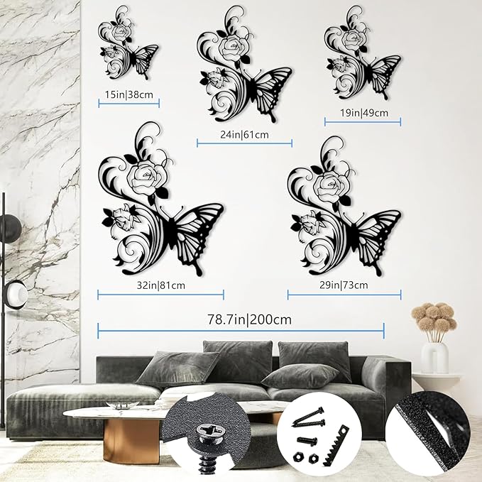 RUNBOAT Metal Flower Butterfly Wall Art - Butterfly And Flowers Wall Decor, Floral Wall Sculpture for Living Room, Bedroom (Black, 39x32in|100x81cm)