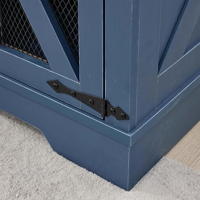 21.1" Farmhouse End Table with Charging Station and Mesh Barn Door, Rustic Wood Nightstand with Storage Shelf for Living Room & Bedroom, Navy Blue