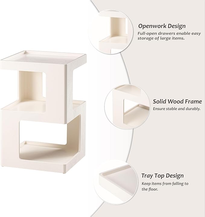 COZAYH Farmhouse Geometric Wood End Table, Distressed Accent Side Table with Two Storage Space, 3-Layer Cube Design for Bedroom, Living Room, Entryway, White