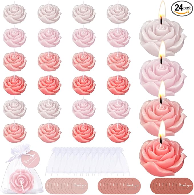 Treela 24 Set Flower Candles Wedding Favor for Guests Mini Pink Champagne Rose Shaped Tealight Candles for Return Gift Wedding Birthday Bridal Shower Housewarming Party