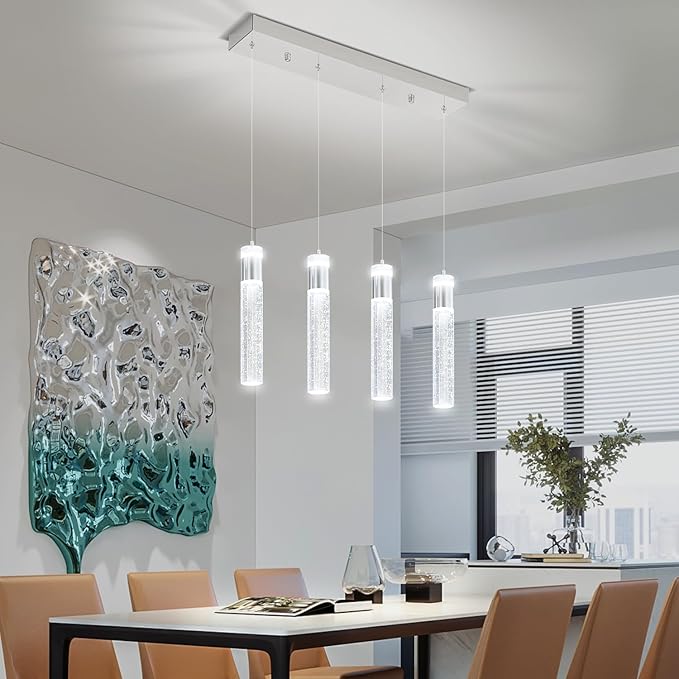 Dimmable Chrome 4-Light Pendant Lights Kitchen Island Modern LED Crystal Ceiling Light for Dinning Room Living Room 32W