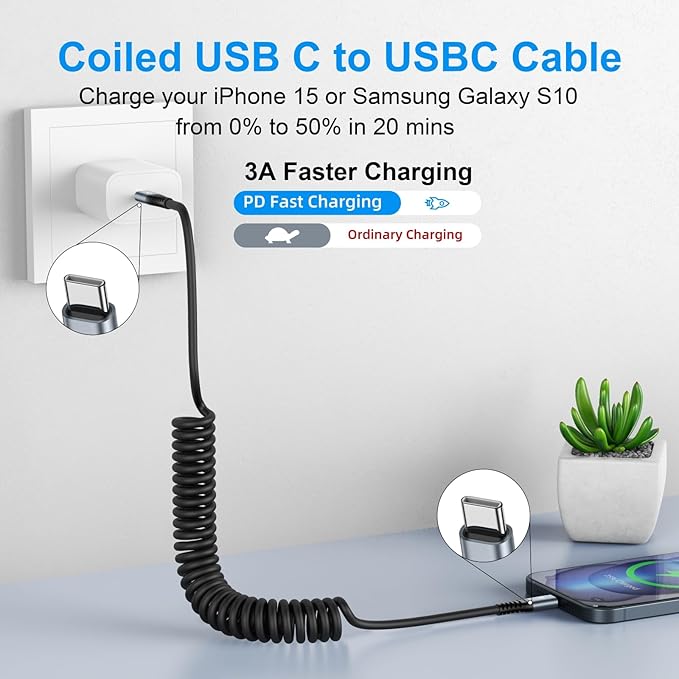 KIYODA USB C to USB C Cable [3FT+6FT], 2Pack Coiled USB C Charger Cable for Car, Type C Fast Charging Cable Compatible with iPhone 17/16/ 15/Plus/Pro/Pro Max/MacBook Pro 2020/Samsung Galaxy S23