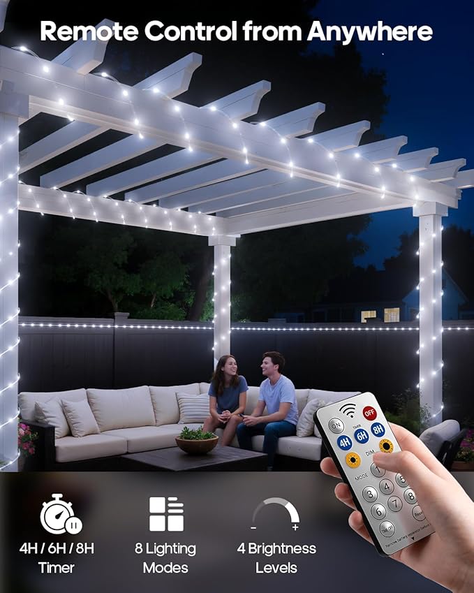 Rechargeable Rope Lights, 39FT 120LED Outdoor Waterproof String Lights with 1200mah Portable Rechargeable Battery, Timing & 8 Modes for Party Christmas Camping DIY Tree trampoline - Cool White 1 Pack