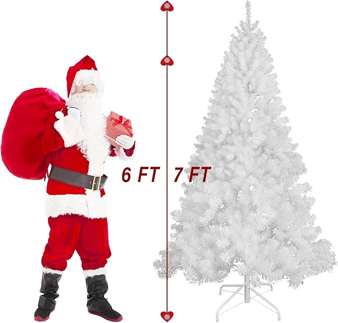PLKO 7FT Artificial Holiday Christmas Tree，Artificial Christmas Tree Xmas Pine Tree with Stand and Soft White Branch for Holiday Indoor Outdoor,1020Tips(White)