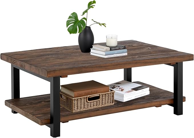Pomona Rustic Industrial 2-Tier Rectangular Coffee Table – 48” Solid Wood Top with Shelf, Metal Legs, and Reclaimed Finish – Farmhouse Style Living Room Furniture