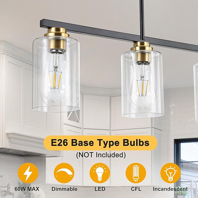 Island Light for Kitchen, Black and Gold Dining Room Light Fixture Over Table, 4-Light Linear Chandelier Pendant Lighting for Dining Table Kitchen Island Living Room