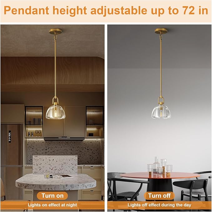 Pendant Light Fixture, 7" Glass Modern Brass Pendant Lights Kitchen Island, Hanging Glass Dome Pendant, Gold Kitchen Pendant Lighting Over Island,E12 Bulb Included