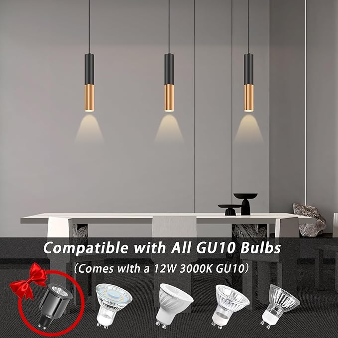 Simple and Modern Black Cylindrical Pendant, 1-Light Chandelier with Adjustable Rope, Matching GU10 Sockets for Living Room, Bedroom and Dining Room (Wide Beam Angle) (2 Pack)