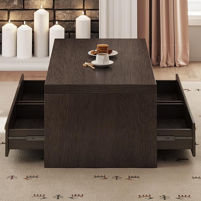 Coffee Table with Storage, 4 Storage Drawers Mid-Century Modern Rectangular Center Table, Retro Tea Table with Open Display Area for Bedroom, Living Room