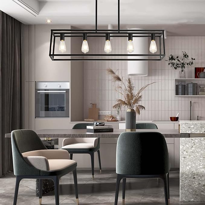 XILICON Kitchen Island Lighting Farmhouse Chandeliers Black 5 Light Modern Dining Room Lighting Fixtures Hanging, Kitchen Island Cage Linear Pendant Lights Ceiling Light