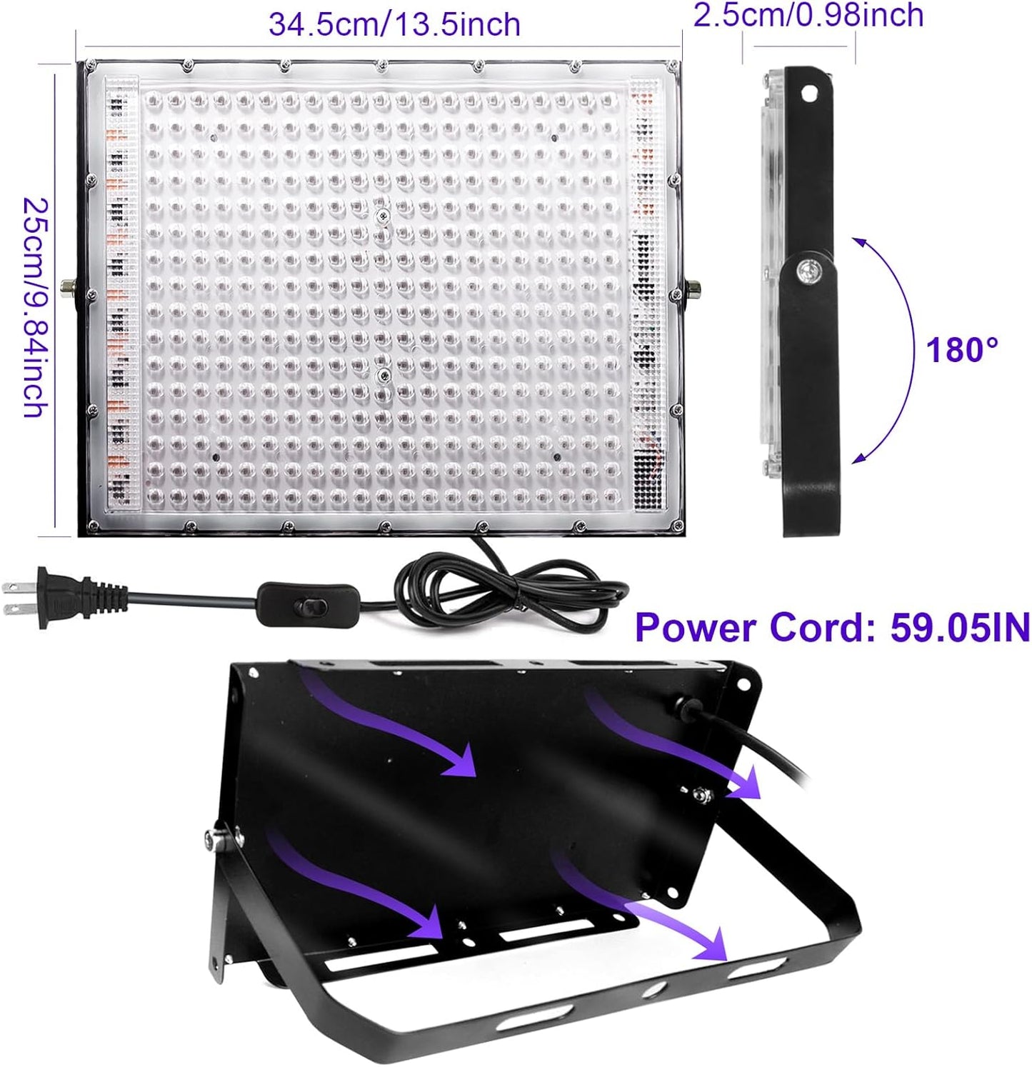 2 Pack 300W Black Lights, Blacklight Flood Light with Plug and Switch,for Glow Party, Black Light Party, Halloween, Body Paint, Neon Glow, Fluorescent Poster, Stage Lighting
