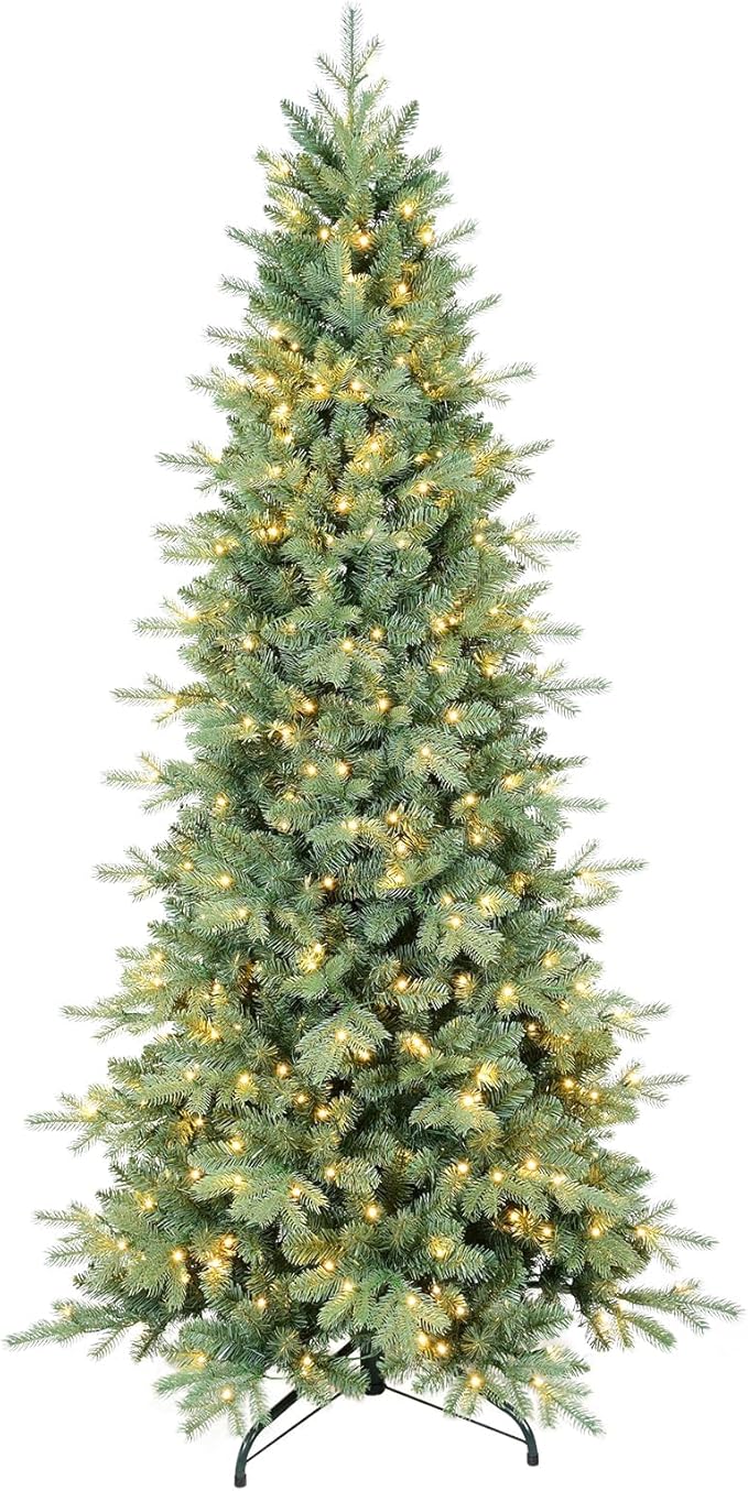 7.5 FT Prelit Artificial Skinny Christmas Tree,Blue Spruce Slim Pencil Xmas Tree with 1755 PE&PVC Mixed Branch Tips,450 UL Listed Clear Lights,Hinged Pine Tree with Metal Stand for Home Office Décor