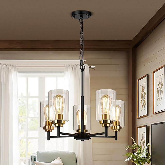 Sucolite 19.8'' 5-Light Chandelier for Dining Room Kitchen Island, Modern Farmhouse Pendant Lighting with Glass Shades Industrial Black Hanging Ceiling Light Fixture for Living Room, Height Adjustable