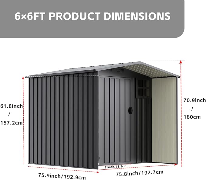 6×6 FT Metal Outdoor Storage Shed with Windows, Lockable Waterproof Sheds & Outdoor Storage, Garden Tool Shed for Lawn Mower & Backyard Patio, Dark Gray (No Floor)