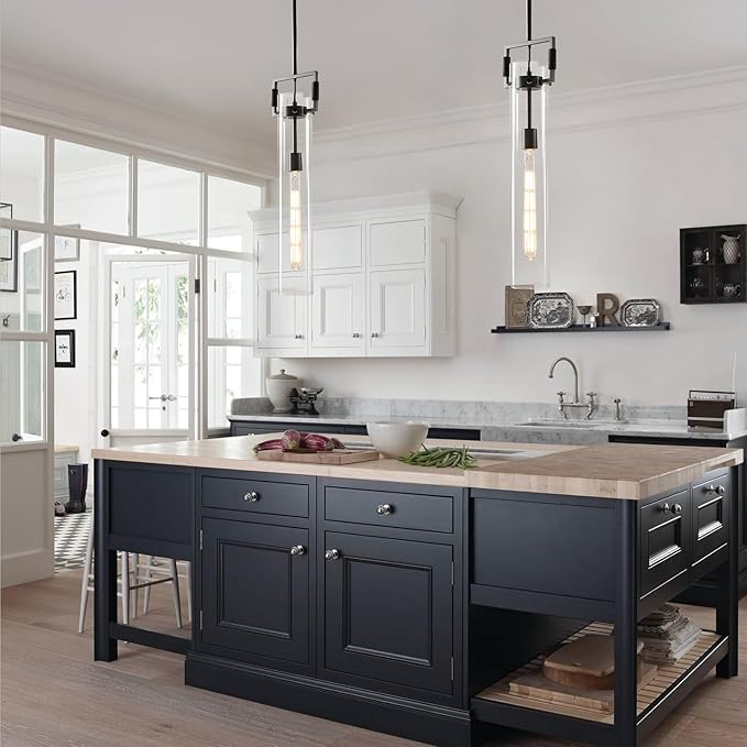 Matte Black Glass Pendant Light: Modern Knurled Brass Pendant Lights Kitchen Island - Contemporary Hanging Light Fixtures with Long Tube - Cylinder Pendants Lighting over Table for Kitchen Bathroom
