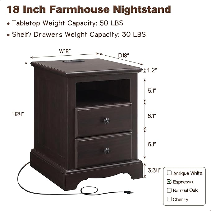 T4TREAM Nightstand with Charging Station Set of 2, Wood Rustic Sofa Side Table with Open Storage Shelf, 18 Inch Vintage End Table with 2 Drawers for Living Room, Bedroom, Espresso