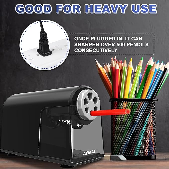 AFMAT PSX2 Electric Pencil Sharpener for Classroom, 6 Holes, Heavy Duty Pencil Sharpeners for Home, Pencil Sharpener Plug in for 6-11mm Pencils, Auto Stop, Super Fast, Save Pencils, Black