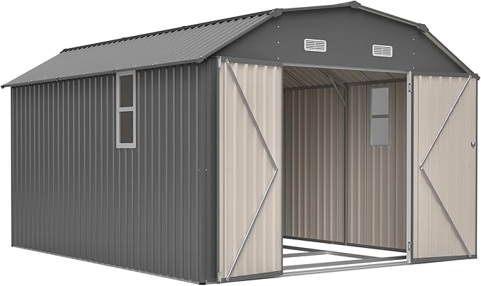 10x12 FT Outdoor Storage Shed with Floor Frame Kit, Heavy Duty Rust-Resistant Steel Tool Shed, Waterproof Metal Storage Building with Lockable Doors for Backyard Garden Patio, Gray