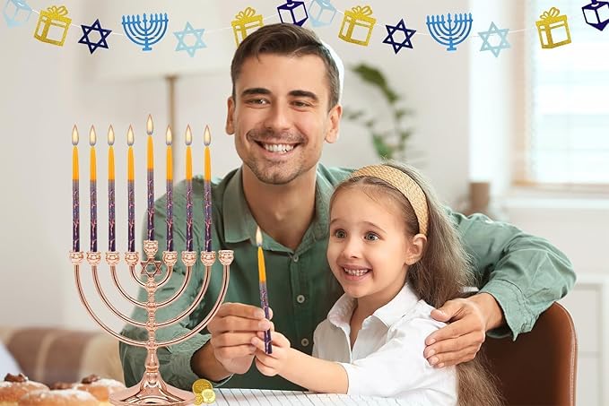 The Dreidel Company 10-Pack Dripless Chanukah Hanukkah Candles Decorative Purple, Blue, Orange, with Orange Frosted Stripes, 45 Candles per Box