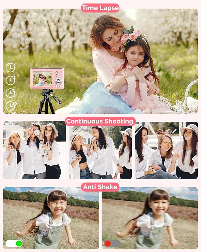 Digital Camera, 48MP FHD 1080P Point and Shoot Camera with 16x Zoom, Anti Shake Compact Portable Camera for Photography with 32GB Card, Autofocus Camara for Kids, Beginners, Teens, Pink