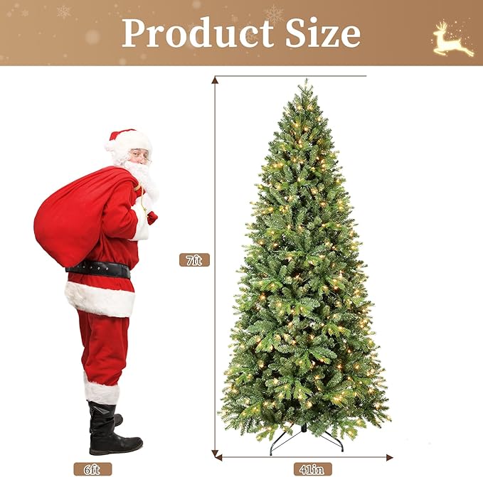 Prelit Artificial Christmas Tree 7ft,Green Spruce Christmas Tree Prelit with 400 Lights, 1318 Branches Tips Easy to Assemble for Home Holiday Decorations