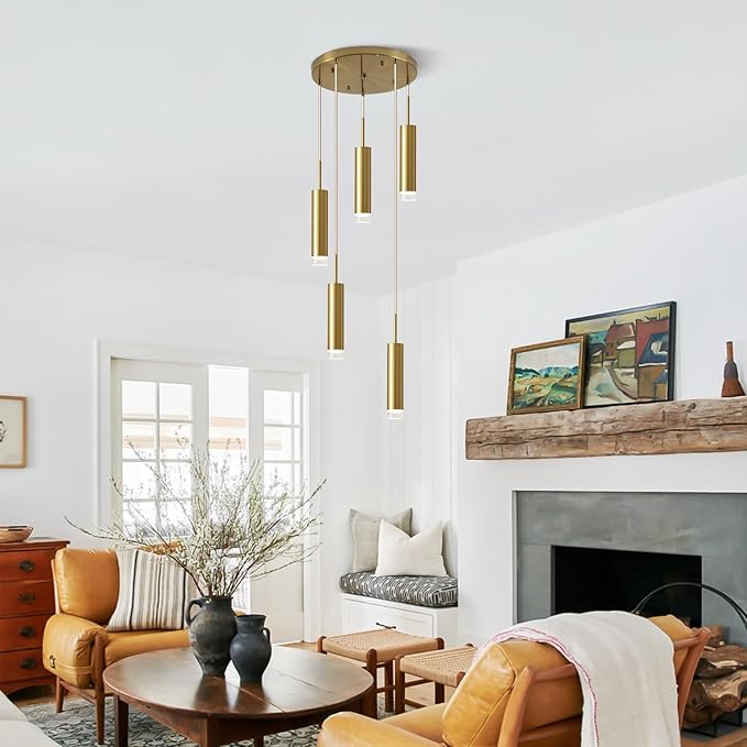 KCO Lighting 5 Lights Cluster Pendant Lighting Cylinder Gold Pendant Light Mid Century Modern Hanging Ceiling Light Fixture for Living Room Kitchen Island Hallway