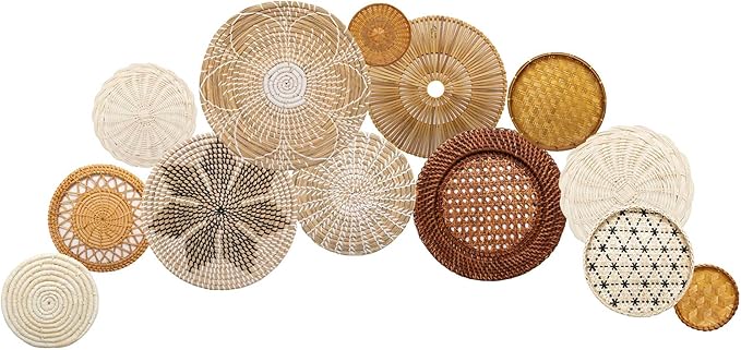 RESPOROX ELEGANCE YOUR WAY Set of 13 Hanging Woven Baskets for Wall Decor - Handcrafted Bamboo, Rattan & Seagrass Baskets come with Hanger Nails, Marking Pencil & Templates